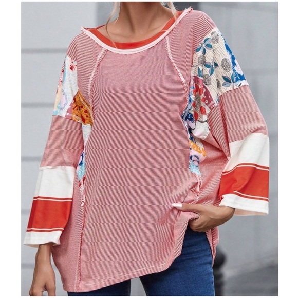 💝Boutique~Striped Floral💐Patch Top - Picture 4 of 4